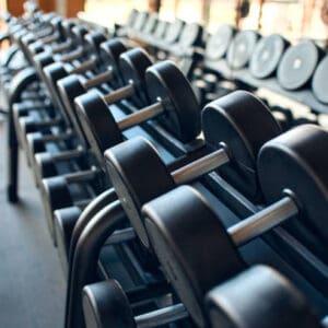A row of black and silver dumbbells in a gym.