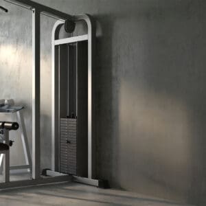 A gym with a mirror and some equipment in it