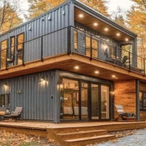 Modern shipping container home in woods.