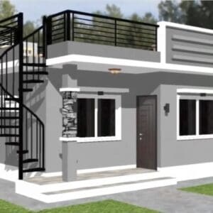 Modern gray house with spiral staircase.