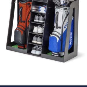 Golf bag and equipment storage rack.