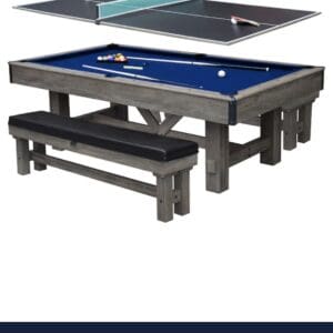 Gray pool table with ping pong top.