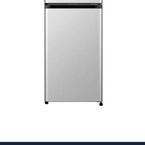 Silver mini fridge, two doors.