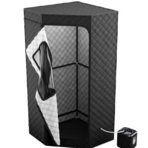 Portable black quilted steam sauna cabin.