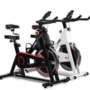 Black and white exercise bikes.