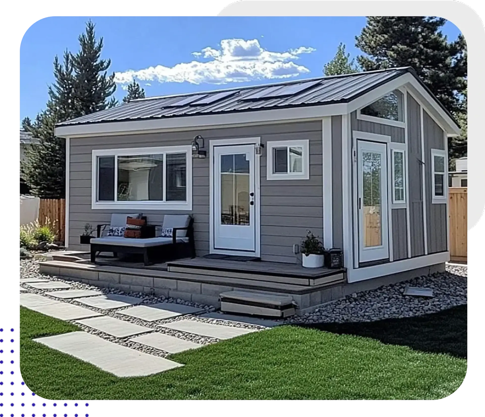 Small modern house with a landscaped yard.