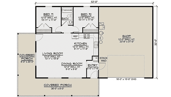 Floor plan with two bedrooms and shop.